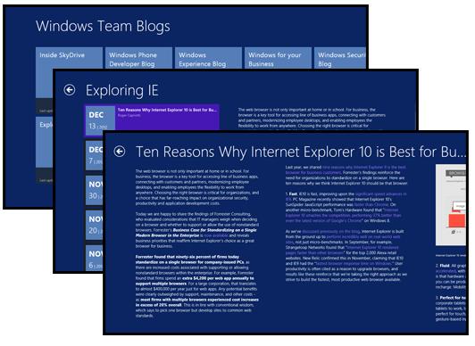 Windows 博客阅读器应用的主页、拆分页以及详细信息页。