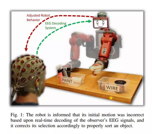 图 1：基于实时解码观察者的 EEG 信号，机器人被告知它的***动作是错误的，并且它会根据合适的物体类别做出正确选择