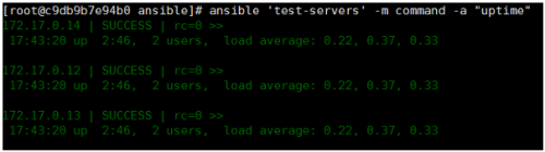 [root@c9db9b7e94b0  ansible ‘test-servers  -m command  -a  uptime "  172.  172.  172.  17.@.14  up  17.@.12  up  17.@.13  up  SUCCESS  2:46,  SUCCESS  2:46,  SUCCESS  2:46,  -Load average:  -Load average:  -Load average: