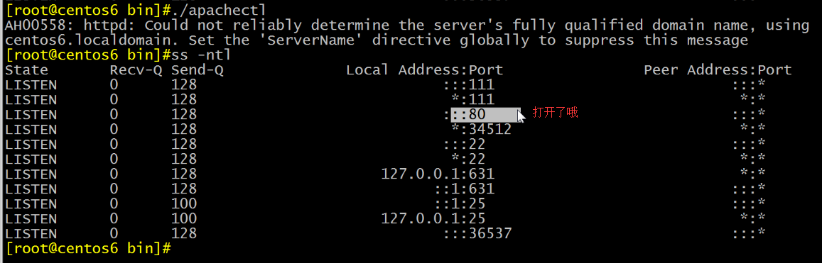 Croot@centos6 bi  AH00558: httpd: could not reliably determine the server‘s fully qualified domain name, using  centos6. local domain. set the ‘serverName‘ di rective globally to suppress this message  [root@centos6 bi n] -ntl  . : 1:25  127.0.0.1:25  State  LISTEN  LISTEN  LISTEN  LISTEN  LISTEN  LISTEN  LISTEN  LISTEN  LISTEN  LISTEN  LISTEN  Recv-Q send-Q  128  128  128  128  128  128  128  128  100  100  128  Local Address: port  * : 111  * : 34512  127.0.0.1:631  peer Address : port  Croot@centos6