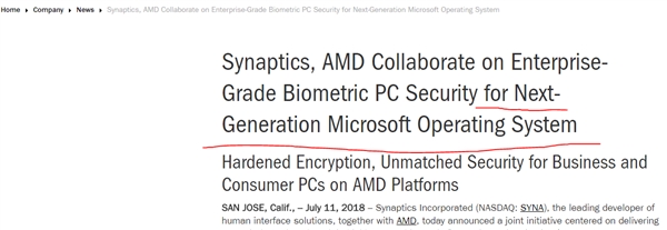新思/AMD 意外曝光微软下一代操作系统：强化生物识别特性
