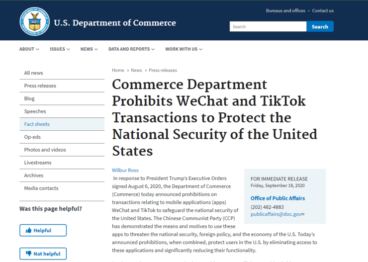 突发！美国商务部下令 20 日起禁止下载 TikTok 和微信，TikTok 反对：将推进诉讼