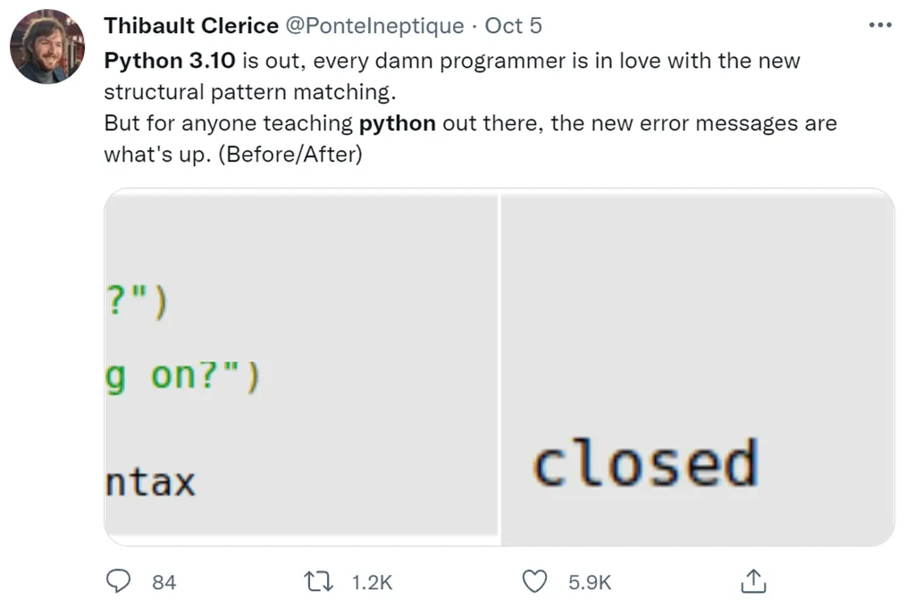 错误调试精确到行、match-case模式匹配……Python 3.10真的很友好