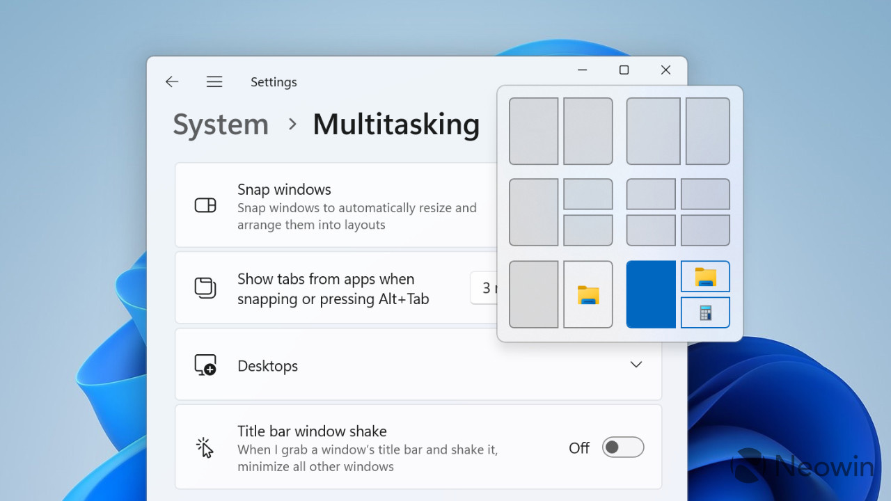 A screenshot of Windows 11s Settings App with the Snap Layouts UI