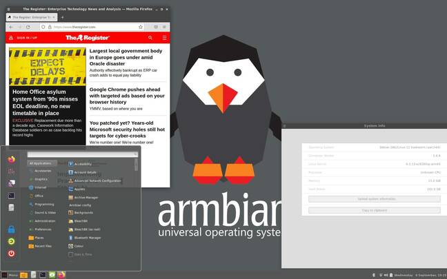 Armbian 的 Cinnamon 桌面实际上是专为 Arm64 设计的 Debian 12.1，额外附加的驱动及微调使其符合 X13s 的需要。